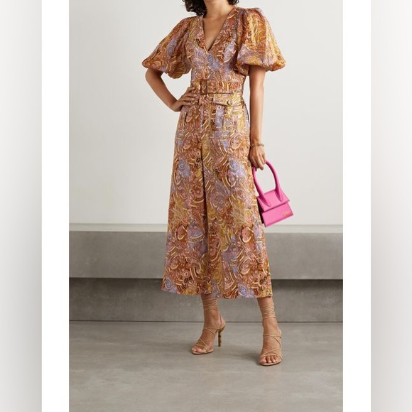 Zimmermann Brown Concert Belted Paisley-print Linen And Ramie Jumpsuit Size AU 1 - Picture 1 of 12